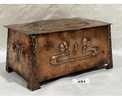 An Art-Nouveau copper casket embossed with stylised foliage, c. 1900. 9½" wide.