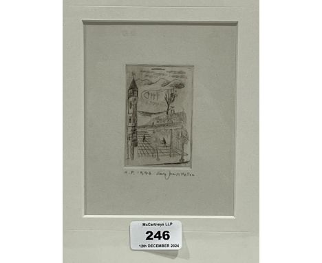 ERIC JAMES MELLON. BRITISH 1925-2014. Tower with figures. Signed in pencil and dated 1946. Artist"s proof etching 2¾" x 2" pl