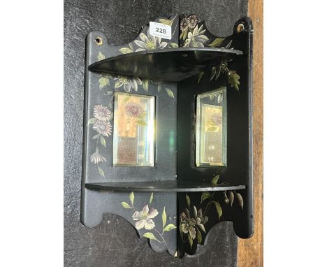 A Victorian painted lacquer corner shelf with two mirror plates. 14½" high.