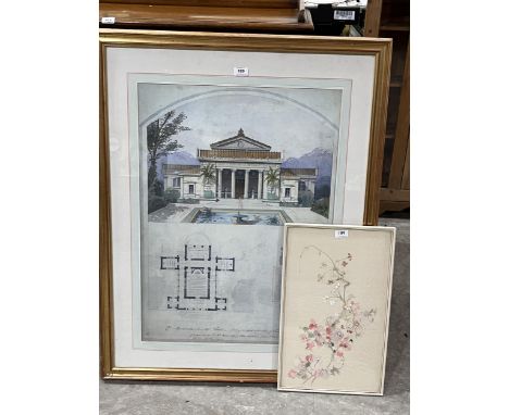 A French architectural print, 30" x 22" and a botanical watercolour drawing.