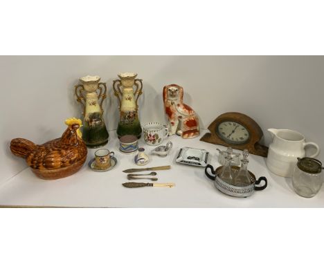 Pair of Transfer Print Vases, Chicken Crock, Mantel Clock and Black &amp; White Whisky Ashtray etc 