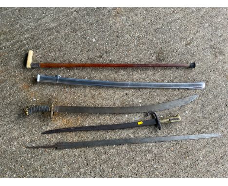 Swords, Scabbard and Ivory Handle Walking Stick 