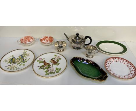 Silver Plated Teapot, Sugar Bowl, Milk Jug, Crown Derby Bowls and Spode Garden Birds Plates etc 