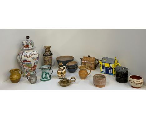 Masons Lidded Jar, Studio Pottery Jugs Bowls etc, Oriental Vase and Teapot Houses 