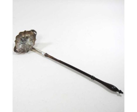 An 18th century silver toddy ladle, with a wooden handle, marks rubbed, 34cm long
