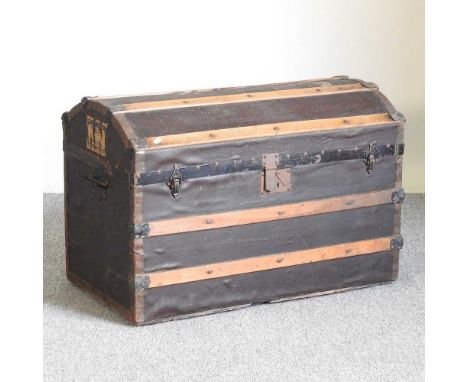 A 19th century wooden bound dome top trunk85w x 46d x 58h cm