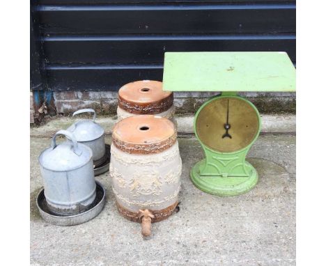 Two 19th century slat glazed stoneware barrels, together with galvanised chicken feeders and a set of scales