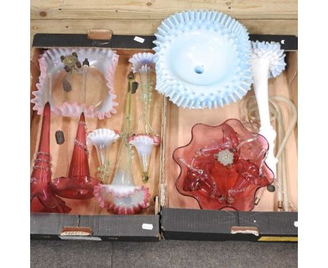 Two boxes of coloured glass epergne partsThe condition is varied. All are dirty, with some surface marks. The tall stem of th
