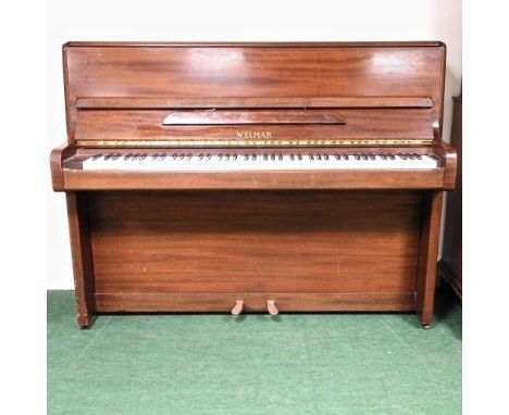 A 1970's teak cased piano, by Welmar, retailed by Harrods of Knightsbridge143w x 56d x 111cmGenerally solid, but dirty with s