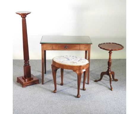 A 19th century side table, 78cm wide, together with a reproduction tripod table, walnut stool and jardiniere stand (4)