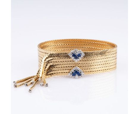 Außergewöhnliches Vintage Gold-Armband mit Saphir-Brillant-Schließe. Um 1960. 18 kt. GG, tlw. rhodiniert, mit Platin-Krabbenf