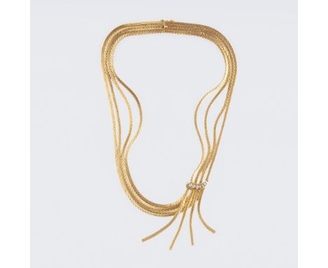 Seltenes Vintage Kaskaden-Gold-Collier mit Brillanten. Ende 1960er. 18 kt. GG, gest., ziseliert und poliert, MZ: SK. 4-reihig