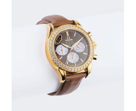 Omega. Herren-Armbanduhr 'De Ville Co-Axial'. 18 kt. RG gest., Automatik, Chronograph. Dunkelbraunes Zifferblatt, vergoldete 