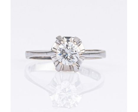 Solitär-Ring. 14 kt. Weißgold, gest., MZ: WB. Der Brill. ca. 0,60 ct. Leicht Getöntes Weiß(I).vvs. (ca. 5,3 - 5,4 x 3,3 mm). 