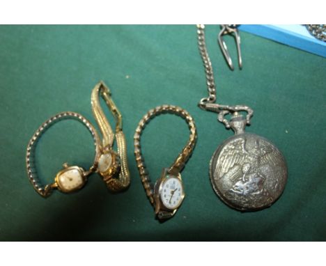 A MODERN CARVEL FULL HUNTER POCKET WATCH ON CHAIN - MINUS GLASS, TOGETHER WITH THREE VINTAGE LADIES WRISTWATCHES (4) 