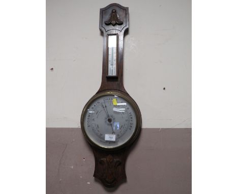 A VINTAGE OAK CARVED ANEROID BAROMETER, H 79 CM