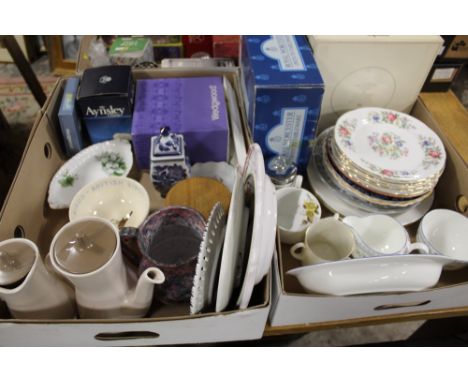 TWO TRAYS OF ASSORTED CERAMICS TO INCLUDE WEDGWOOD, ROYAL ALBERT, ROYAL WORCESTER, EMMA BRIDGEWATER ETC