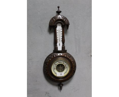 AN ANTIQUE CARVED OAK WALL BAROMETER, H 48 CM