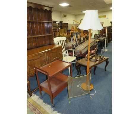 A RETRO TEAK TROLLEY A/F WITH A STANDARD LAMP AND FIRESCREEN (3)