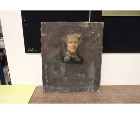 AN ANTIQUE UNFRAMED OIL ON CANVAS PORTRAIT STUDY OF A LADY A/F-HOLES TO CANVAS AND PAINT LOSS SIZE - 76CM X 63CM 