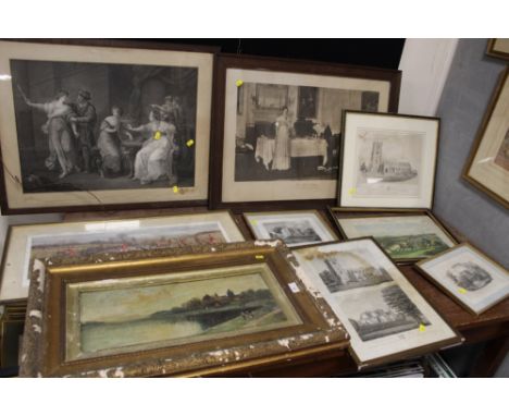 A VINTAGE GILT FRAMED OIL ON CANVAS OF A COUNTRY LAKE SCENE, DAMAGES TO FRAME TOGETHER WITH A QUANTITY OF FRAMED AN GLAZED EN