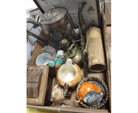 A TRAY OF COLLECTABLES TO INCLUDE A SILVER PLATED&nbsp;TEAPOT WITH GREYHOUND SHAPED FINIAL