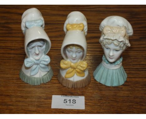 THREE ROYAL WORCESTER CANDLE SNUFFERS ENTITLED, YOUNG GIRL, OLD WOMEN AND MOB CAP 