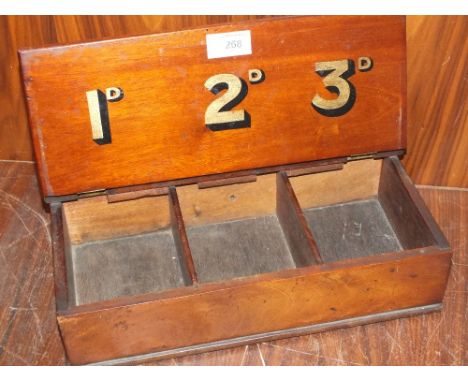 A VINTAGE MAHOGANY THREE CHAMBER MONEY BOX