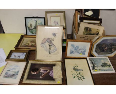 A QUANTITY OF ASSORTED PICTURES AND PRINTS TO INCLUDE AN ORIENTAL 3-D MOTHER OF PEARL PICTURE, SMALL OIL ON CANVAS ETC.