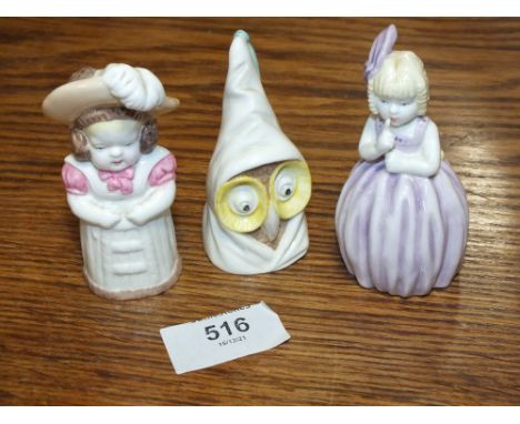 THREE  ROYAL WORCESTER CANDLE SNUFFERS ENTITLED OWL, HUSH AND FEATHERED HAT