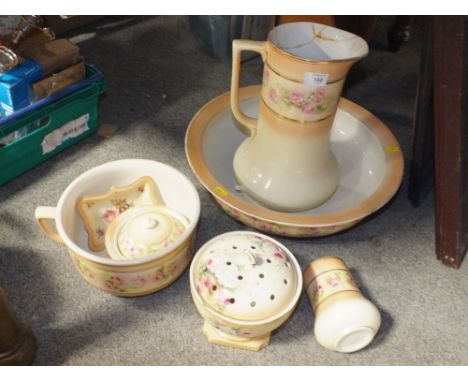 A VINTAGE JUG AND BOWL SET A/F TOGETHER WITH A BOX OF LP RECORDS