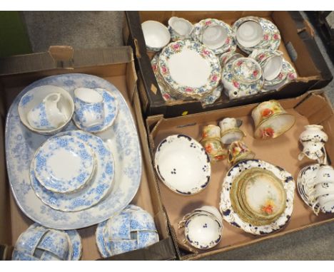 THREE TRAYS OF ASSORTED CHINA TO INCLUDE NAUTILUS HAND PAINTED CUPS AND SAUCERS, BOOTHS FLORADORA ETC.