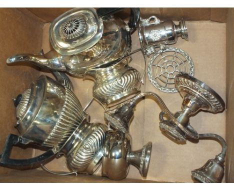 A BOX OF SILVER PLATED METALWARE TO INCLUDE A FOUR PIECE TEA SERVICE