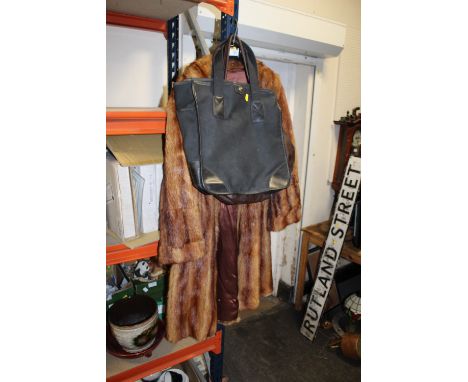 A VINTAGE LADIES FUR COAT TOGETHER WITH TWO BAGS