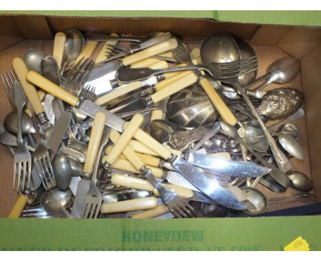A BOX OF SILVER PLATED FLATWARE ETC.