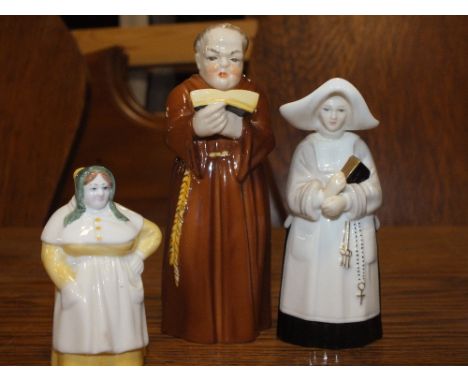 THREE ROYAL WORCESTER CANDLE SNUFFERS ENTITLED FRENCH COOK, TOGETHER WITH A NUN AND A COOK