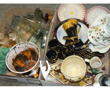 TWO TRAYS OF ASSORTED CERAMICS TO INCLUDE ROYAL DENTON WARE MING TYG, ROYAL DOULTON AWAKENING FIGURE, VINTAGE GLASS BOTTLES E