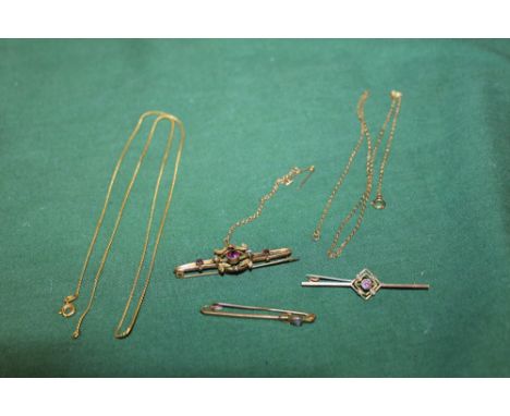 TWO EDWARDIAN STYLE 9CT GOLD PINK STONE AND SEED PEARL BROOCHES, TOGETHER WITH ANOTHER AND TWO CHAINS INCLUDING A 9CT GOLD EX
