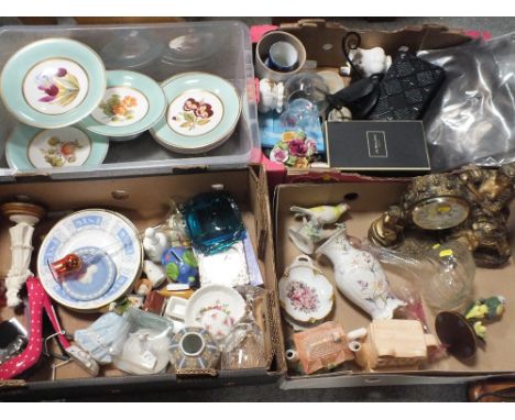 EIGHT BOXES OF ASSORTED CERAMICS AND GLASSWARE ETC. TO INCLUDE A FIGURAL MANTEL CLOCK, HAND PAINTED FLORAL COMPORTS AND PLATE