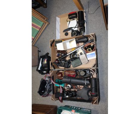 TWO BOXES OF VINTAGE AND MODERN CAMERAS AND ACCESSORIES, LENSES ETC.