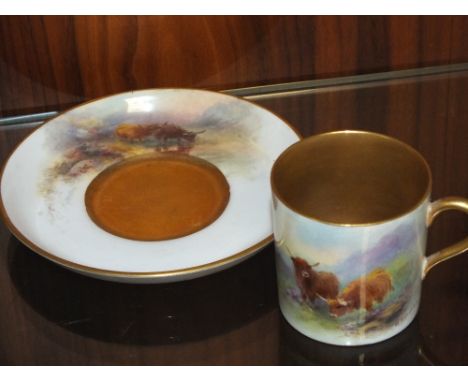 A ROYAL WORCESTER H STINTON HAND PAINTED COFFEE CUP AND SAUCER DEPICTING HIGHLAND CATTLE, SIGNED LOWER RIGHT
