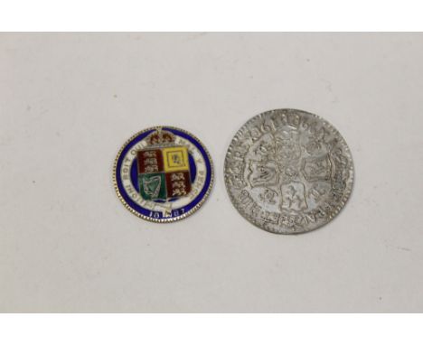 A VICTORIAN SILVER AND ENAMEL 1887 SHILLING COIN, TOGETHER WITH ANOTHER (2) 