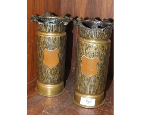 A PAIR OF UNUSUAL WWI FRILL TOP TRENCH ART VASES