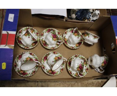 A TRAY OF ROYAL ALBERT OLD COUNTRY ROSES CUPS AND SAUCERS ETC.
