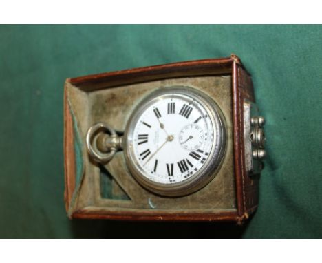 A VINTAGE NIRVANA NON MAGNETIC OPEN FACE POCKET WATCH IN FITTED LEATHER CASE - DIAL CRACKED 