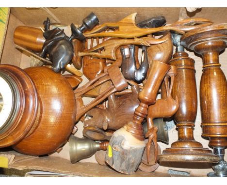 A TRAY OF TREEN TO INCLUDE A BAROMETER 