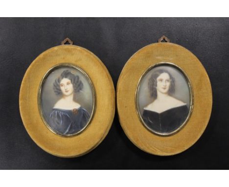 A PAIR OF MINIATURE OVAL PORTRAIT STUDIES OF LADIES, OVERALL SIZE 14 X 12 CM