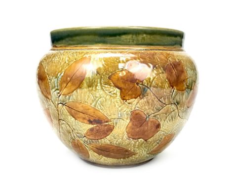 ROYAL DOULTON PLANTER, the bulbous body impressed with leaf designs, on a mottled ground, impressed marks to base, 22cm high