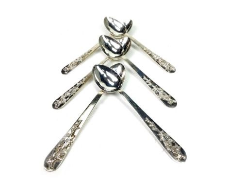 SET OF SIX CHINESE SILVER SPOONS, with bamboo designs in relief, stamped 90, along with a set of fourteen Malaysian silver sp