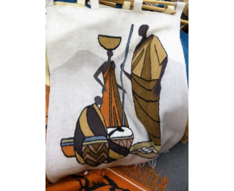 A Sosoto Design Gallery tapestry wall hanging depicting figures preparing food in browns and creams (120cm x 90cm)